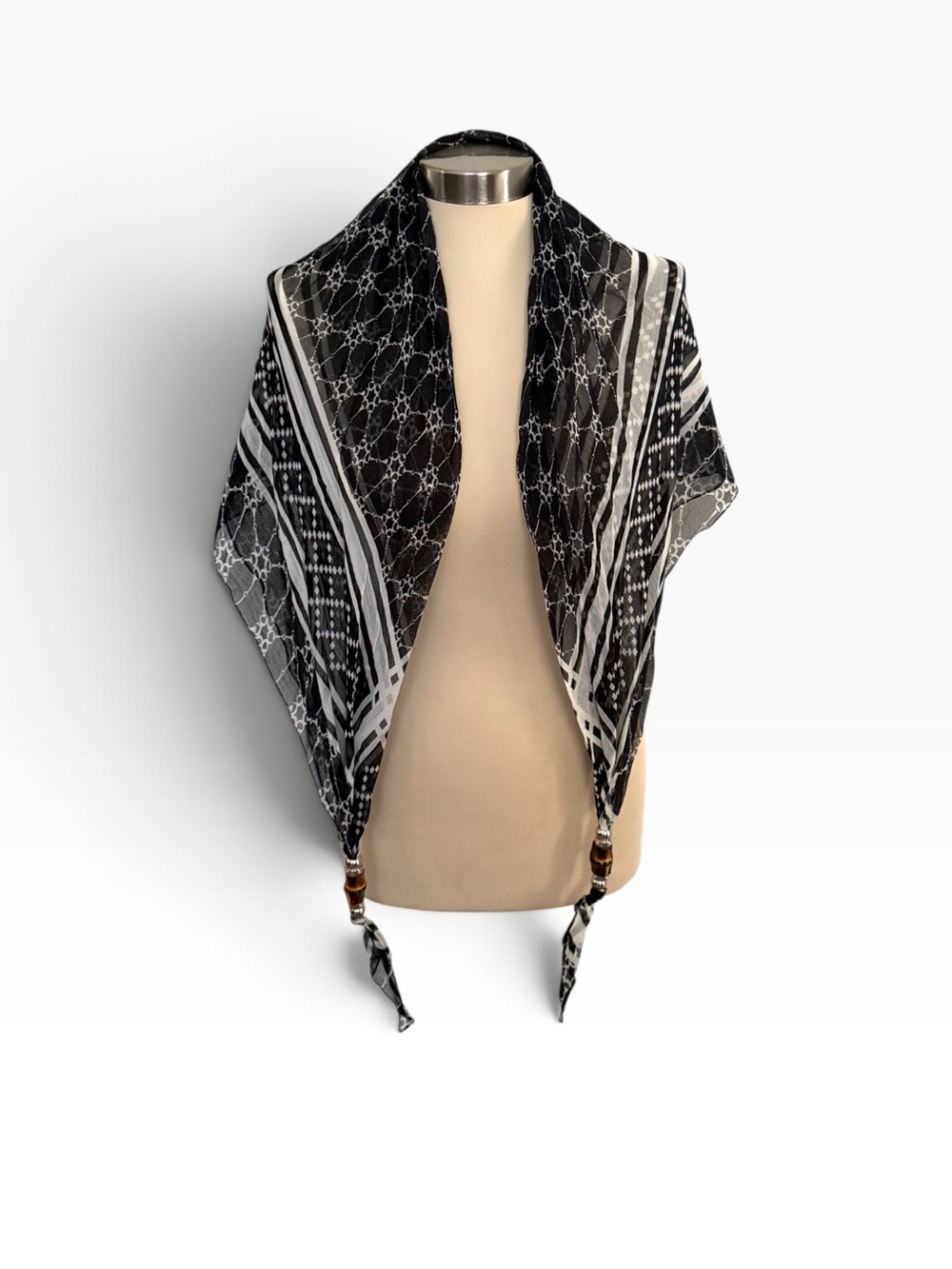 GUCCI Black and White Horsebit Patterned Shawl Scarf Bamboo Accents / 2011